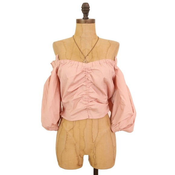Open Edit Off Shoulder Poplin Blouse Size XS Organic Cotton Pink Smoke NWT B42 - Picture 2 of 5